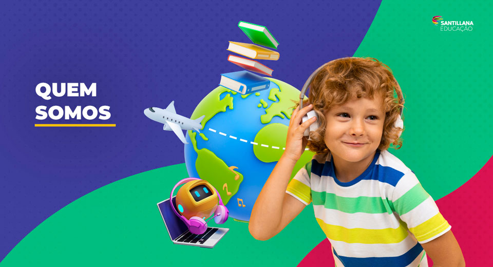 Ilustração de globo da terra com livros, avião e notebook em volta, criança com fones de ouvido.