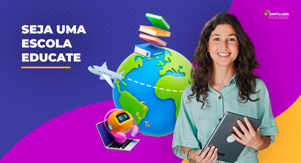 Ilustração de globo da terra com livros, avião e notebook em volta, uma mulher sorrindo.