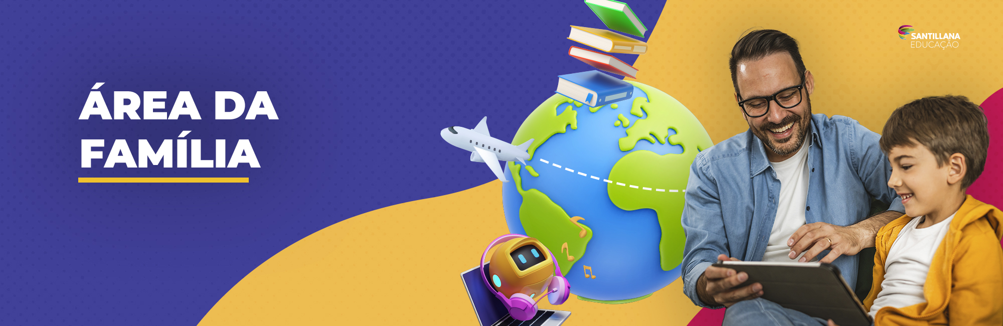 Ilustração globo da terra com livros, avião e notebook em volta, uma criação e um adulto vendo algo no tablet.