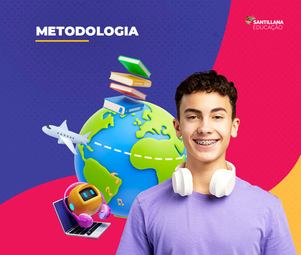 Ilustração de globo da terra com livros, avião e notebook em volta, um jovem sorri com fones de ouvido apoiado no ombro.