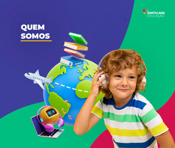 Ilustração de globo da terra com livros, avião e notebook em volta, criança com fones de ouvido.