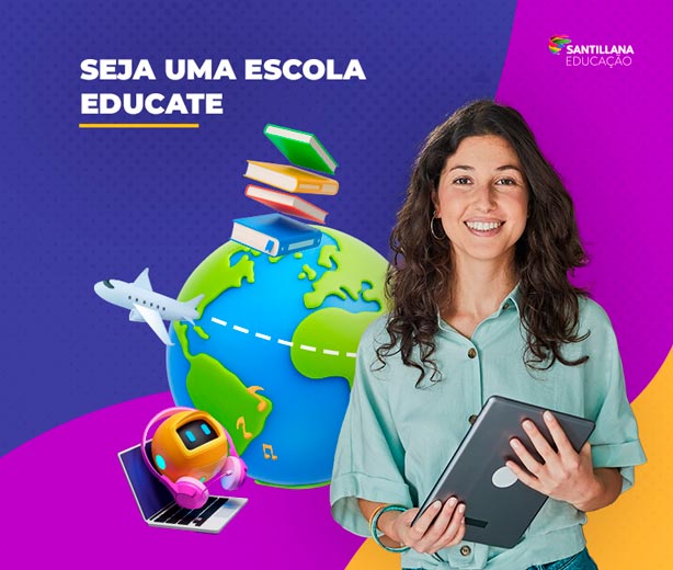 Ilustração de globo da terra com livros, avião e notebook em volta, uma mulher sorrindo.